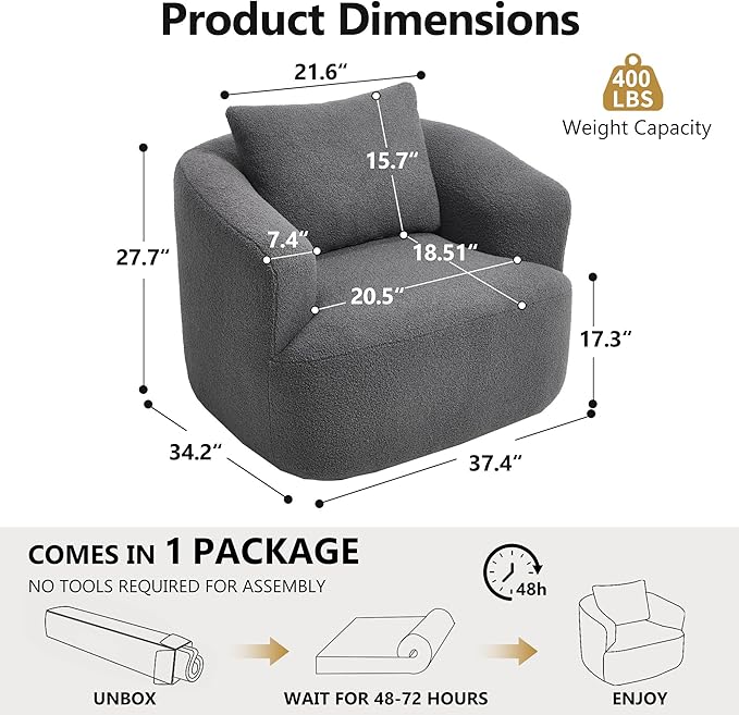 Upholstered Swivel Barrel Chair 31 Wide Modern Fabric Ergonomics Single Sofa Chair Living Room Bedroom Accent Chair Comfy Club Swivel Chair (Dark Gray)
