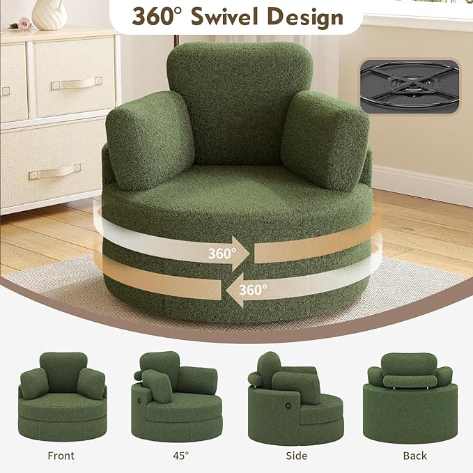 MEISSALIVVE Swivel Accent Chair with Half Moon Ottoman Round Chairs with Drawer Storage for Living Room 360° Barrel Chair with USB Charging Port (Teddy Fabric Green)