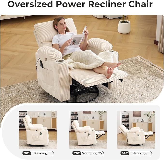 Power Recliner with Adjustable Armrests Rocking Chair Nursery with Massage and Heat Electric Glider Recliner Nursing Chair for Breastfeeding Swivel Rocker Recliner Corduroy Beige
