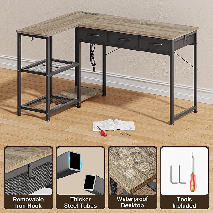 Gizoon 53 Inch L Shaped Computer Desk with Drawers Corner Desk with Power Outlets &amp Reversible Storage Shelves with CPU Stand and 2 Hooks for Home Office Gaming (Grey)