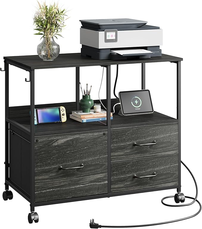 DEVAISE 3 Drawer Mobile File Cabinet Rolling Printer Stand with Storage Shelf Fabric Lateral Filing Cabinet fits A4 or Letter Size Adjustable Shelf for Home Office Charcoal Black Wood Grain Print