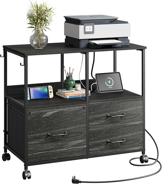 DEVAISE 3 Drawer Mobile File Cabinet Rolling Printer Stand with Storage Shelf Fabric Lateral Filing Cabinet fits A4 or Letter Size Adjustable Shelf for Home Office Charcoal Black Wood Grain Print