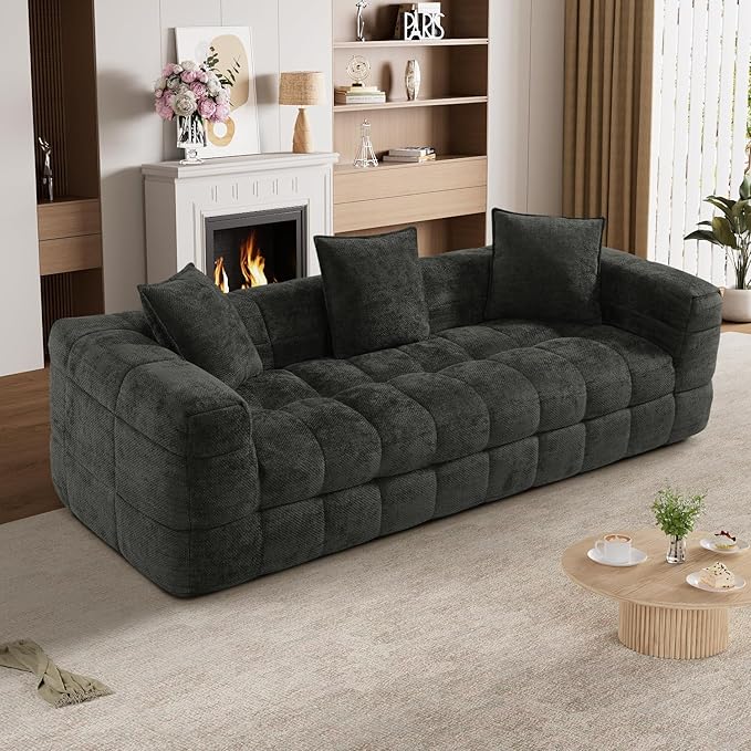 89.8 Chenille Cloud Sofa Couch with 3 Soft PillowsComfy Upholstered Chenille 3 Seater LoveSeat SofaModern Deep Seat Sherpa Cloud Couch Oversized Love Seat for Living RoomBlack Grey