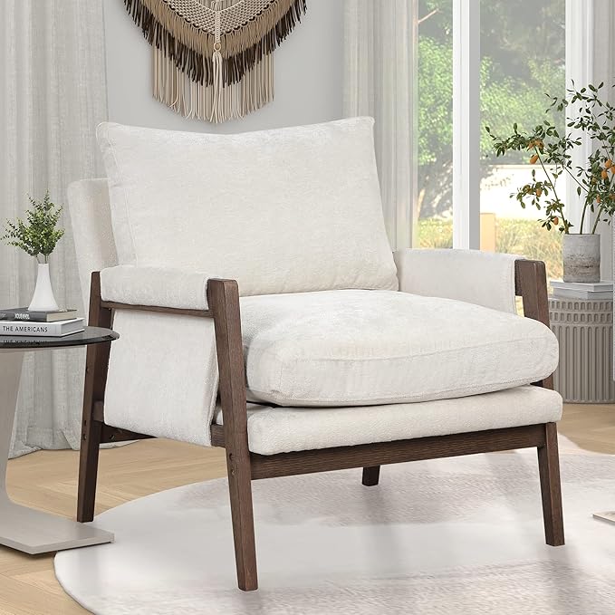 Modern Velvet Accent ChairMid-Century Leisure Chair with Solid Wood and Thick Seat Cushion Living Room Chair for Bedroom Studio Balcony or Club (White/Velvet)