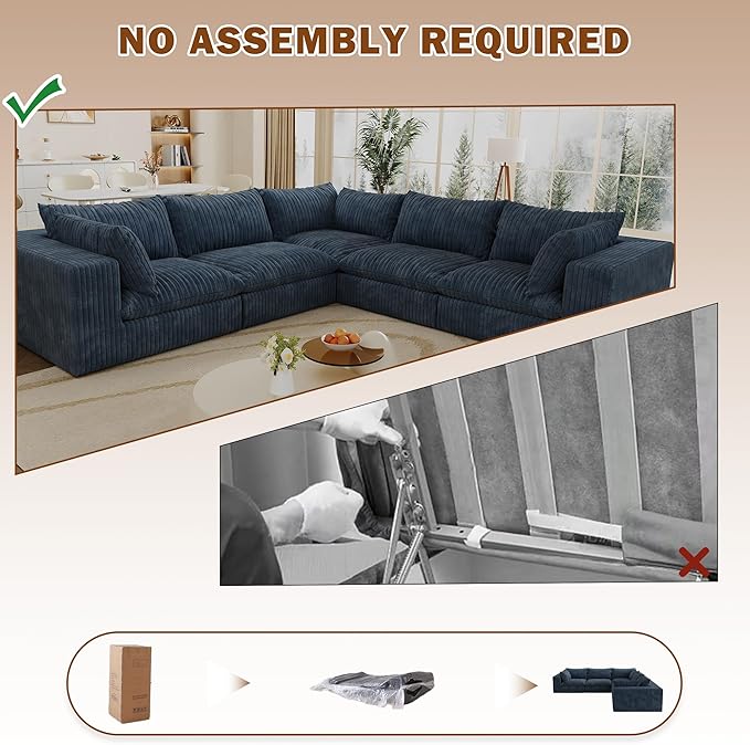 118.2 Corduroy Boneless Cloud Sectional Couch for Living Room V-Shaped Corner Flexible Modular Sectional Couches No Assembly Required Thick Cushion Cozy Fluffy Sofa for Apartment(Blue) | Compress