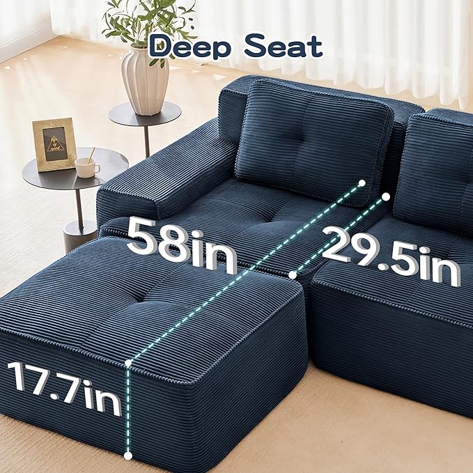 Modern U Shaped Boneless Couch with Ottoman 152.7” Oversized 6 Seater Modular Sectional Sofa Comfy Corduroy Cloud Sleeper Sofa with Deep Seat Upholstered Couches for Living Room Apartment Blue