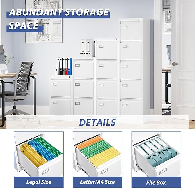 5 Drawer File Cabinet Filing Cabinets for Home Office Vertical File Cabinet with Lock 61.6 H Locking File Cabinet for A4 Legal/Letter Assembly Required (White)