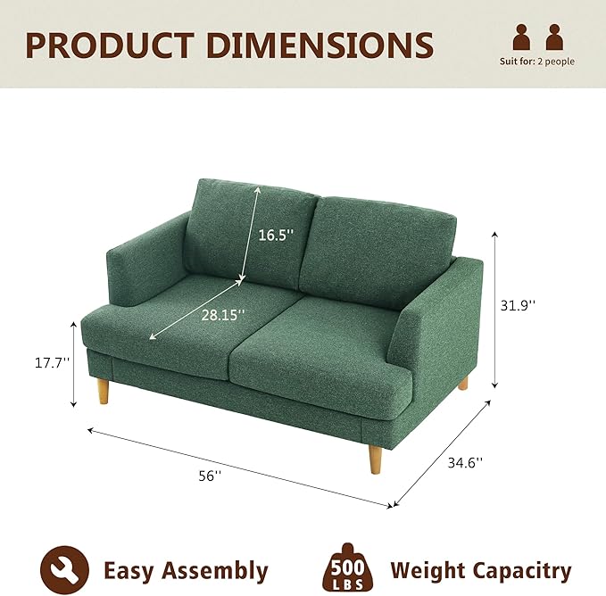 Loveseat Sofa 56 Small Couches for Small Spaces Love Seat with 2-Seat Upholstered Cushion Mid Century Modern Sofa Couches for Living Room Deep Couch for Bedroom Apartment Green