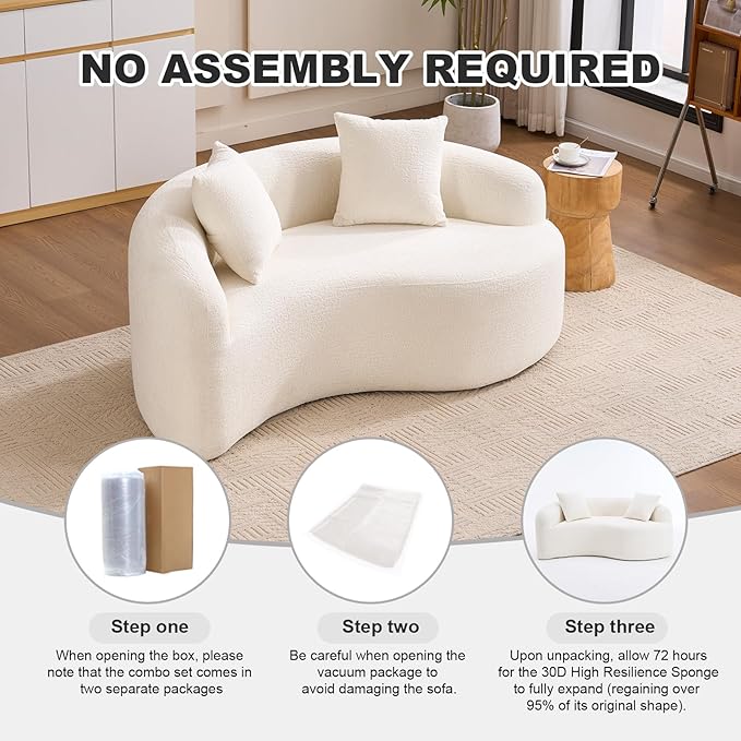 Modern Chenille S-Curved Modular Loveseat Sofa 66.9 Compression Sponge Boneless Couch No Assembly Required Cozy Upholstered Seating for Living Room Apartment Office or Meditation Space (White)