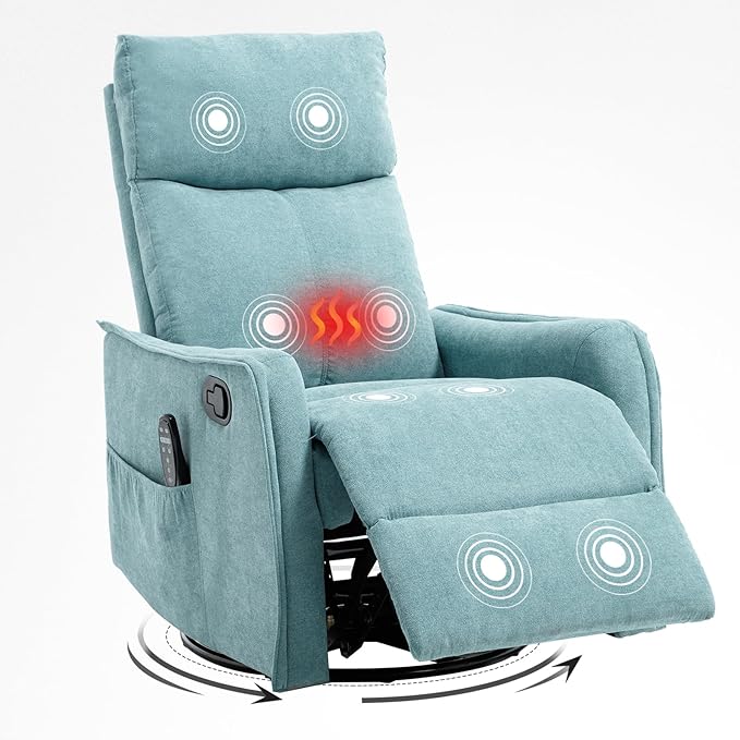 Swivel Rocker Recliner Chair 360° Swivel Recliner with Heat and Massage Rocker Recliner Easy to Clean Nursery Glider Recliner Chair with Side Pockets for Living Room Mint Green