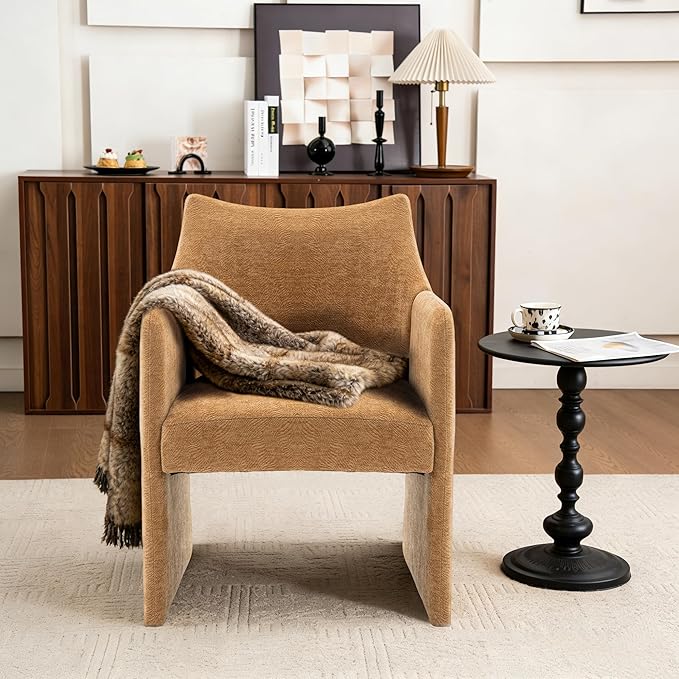 Mid-Century Chenille Accent Chair Geometric Open-Back Upholstered Armchair with Non-Slip Frame Cozy Reading Chair for Home &amp Office (Light Brown)