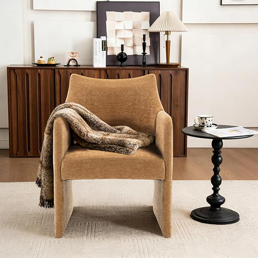 Mid-Century Chenille Accent Chair Geometric Open-Back Upholstered Armchair with Non-Slip Frame Cozy Reading Chair for Home &amp Office (Light Brown)