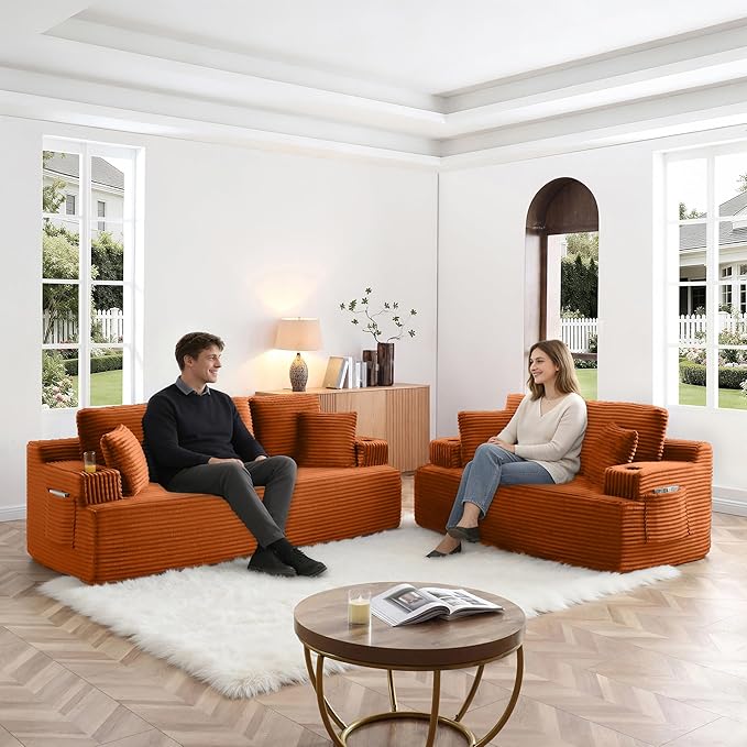 Eafurn Floor Loveseat Boneless Sofa Couch in a Box with Cup Holder and Side Pockets 3 Seater Comfy Corduroy Upholstered Foam Couch with Deep Seating for Living RoomNo Assembly | Breathable material