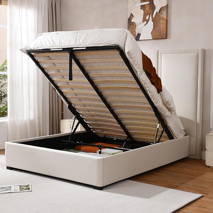 YUHUASHI Queen Size Bed Frame with 64-inch High Headboard Simple and Airy Linen Upholstered Platform Bed with Storage Drawers Wood Slat No Noise (Beige Queen(Hydraulic Lift))