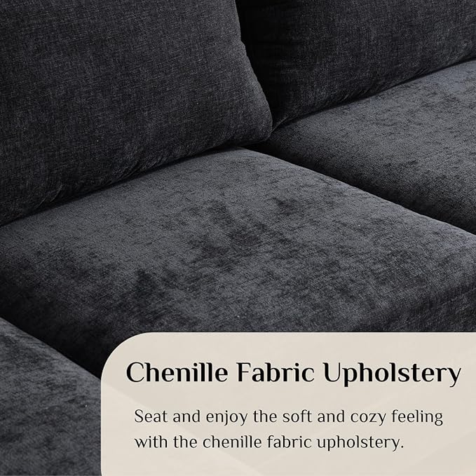 Karl home 111 Sectional Sofa U-Shaped 4-Seat Couch with Chaises Wood Grian Legs Chenille Fabric Upholstered for Living Room Apartment Office Black