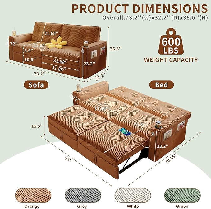 73 Queen Size Sofa Bed Loveseat Sleeper Sofa with Pull Out Bed Pockets and USB Modern 2 Seater Convertible Small Couch for Living Room Bedroom Apartment (Orange Corduroy)