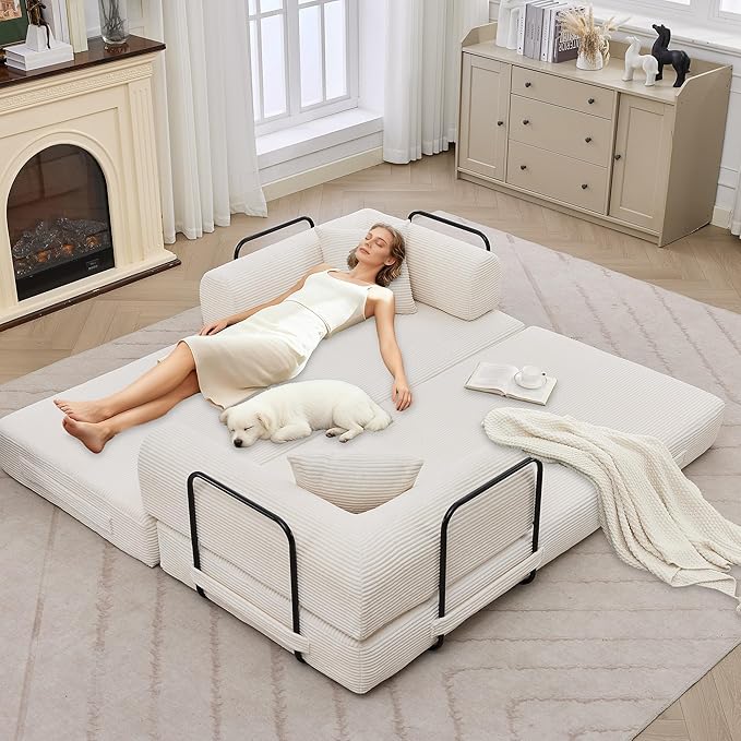 IDEALHOUSE 4 in 1 Convertible Sleeper Sofa Bed Couch 79 Inch Boneless Corduroy Floor Couch with Pillows No Assembly Modern Deep Seat Sofa Futon Mattress for Living RoomApartmentBeige