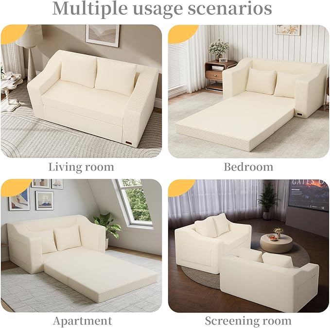 MeMoreCool Convertible Sofa Bed Pull Out Loveseat Sofa Sleeper Couch for Bedroom Living Room Lounge 2 in 1 Small Couch Bed with Pillow Foldable Love Seat Futon Corduroy Beige
