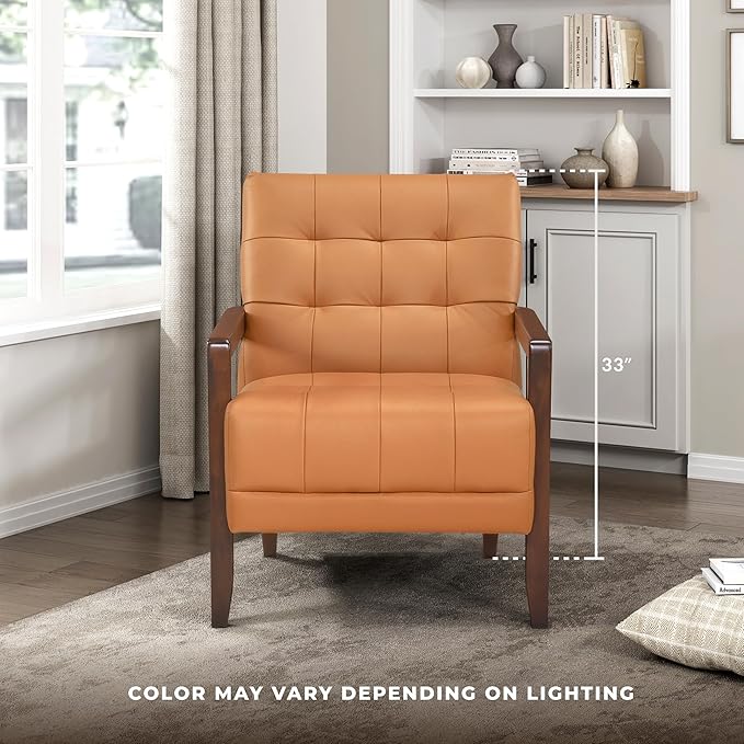 Lexicon Modern Accent Chair Luxury Genuine Leather Match Living Room Chair with Tufted Cushions Solid Wood Frame and Arm Rest Comfy Upholstered Single Seat for Bedroom/Reading/Office Orange