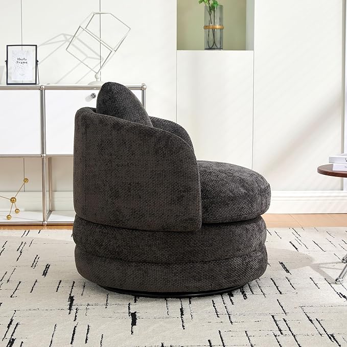 30 Modern Round Chenille Barrel Accent Chair 360° Swivel Ergonomic Comfy Upholstered with Pillow for Living Room Bedroom Reading Room Balcony Lounge Dark Gray