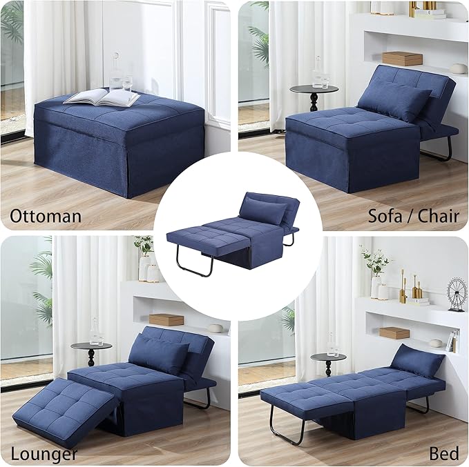 BIGSYY Sofa Bed Set of 4 in 1 Multi-Function Folding Ottoman Breathable Linen Couch Bed with Adjustable Backrest Modern Convertible Chair for Living Room Apartment Office Blue