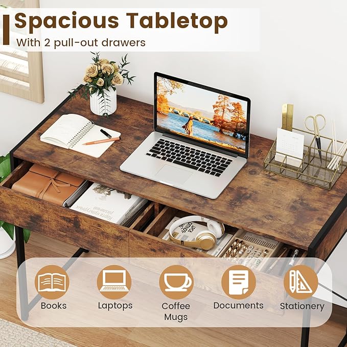 GOFLAME Modern 2-Drawer Computer Desk Home Office Desk w/Reinforced Heavy-Duty Metal Frame Versatile Study Writing Desk w/Anti-Tip Kit Ideal for Study Office Small Spaces (Rustic Brown)
