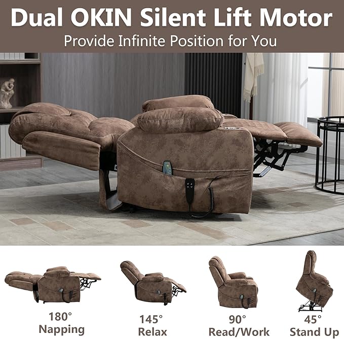 Oversized Power Lift Recliner Chair for Big and Tall 25 Large Electric Recliner Chair with Massage and Heating Dual Motor Zero Gravity Recliner Sofa Velvet Brown