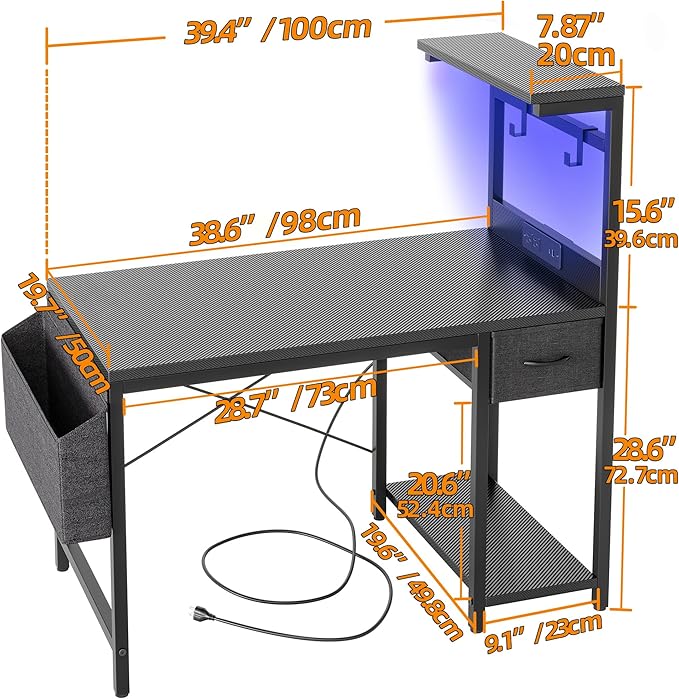 TIQLAB Gaming Desk 40 inch with Power Outlet and LED Light Computer Desk with Reversible Shelves and Storage Drawer Small PC Desk for Home Office Table with Bag Carbon Fiber Black