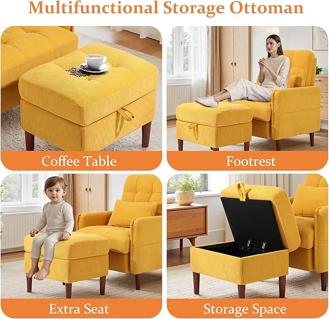 Accent Chairs with Storage Ottoman Corduroy Fabric Armchair with Adjustable Backrest and Side Pockets Mid Century Modern Reading Sofa Chair for Living Room Bedroom-Orange Set of 1