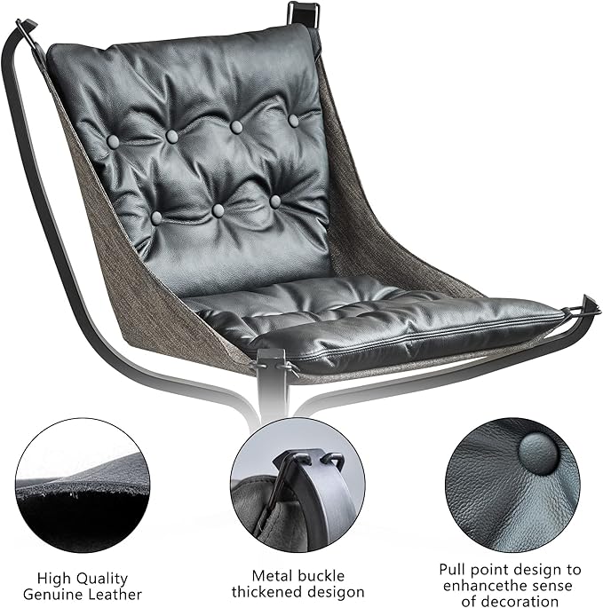 Living Room Chair Genuine Leather Butterfly Chair Handmade Iron Frame Reading Chair Modern Accent Chair for Study Room Reading Bedroom Living Room Office Black