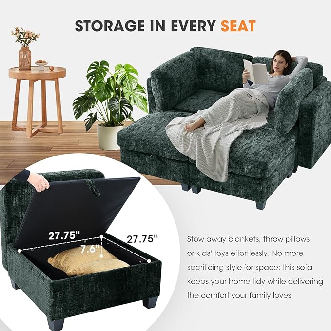 4 Seat Modular Sectional Sofa with Storage Convertible Sectional Couch Modular Sofa with Chaise Living Room Furniture Sets L Shaped Couch with Ottoman Couches for Living Room Green Textured