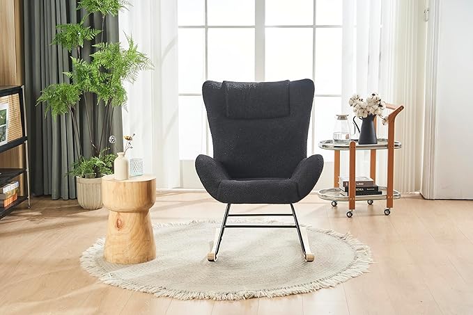 Rocking Chair Nursery Solid Wood Legs Reading Chair with Teddy Fabric Upholstered Nap Armchair for Living Rooms Bedrooms Offices Best GiftBlack Teddy Fabric