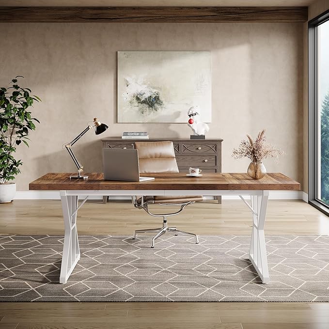 Tribesigns 70.86-Inch Large Executive Desk Industrial Home Office Computer Desk Simple Long Writing Study Table Business Furniture (Brown-White)