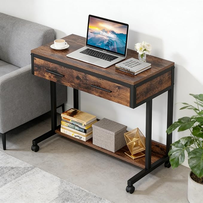 Height Adjustable Rolling Office Table with Storage Drawer - Compact Mobile Desk for Home Office Small Spaces and Bedside Use Sturdy Space-Saving Design