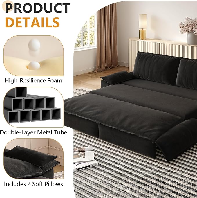 73.2 Queen Size Sofa Bed 3 in 1 Convertible Pull Out Sleeper Sofa with Thicked Cushions and Side Storage Velvet Loveseat Couch for Home Living Room Bedroom Apartment Lounge Small Spaces Black