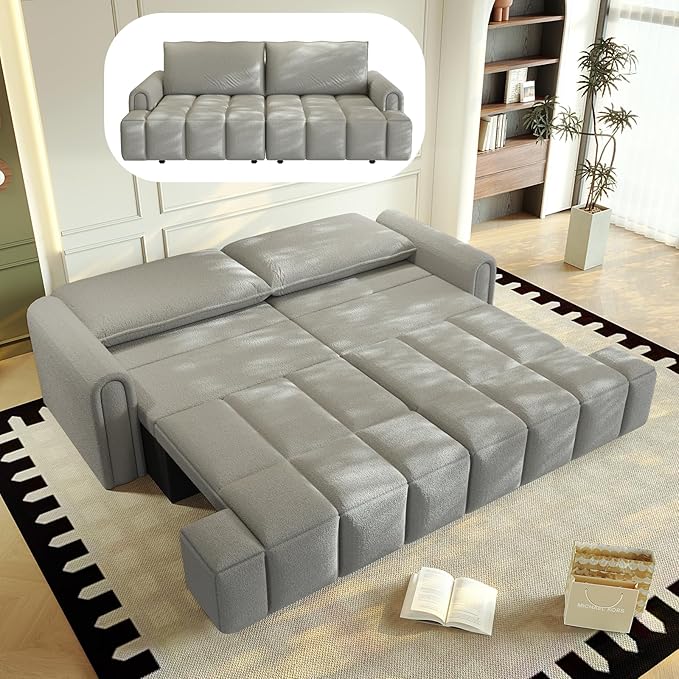 3-in-1 Convertible Sleeper Sofa Bed King Size Pull Out Sofa Bed with Hidden Seat Storage 90 Comfy Teddy Fabric 4-Seater Couch for Living Room Office Apartment (Gray)