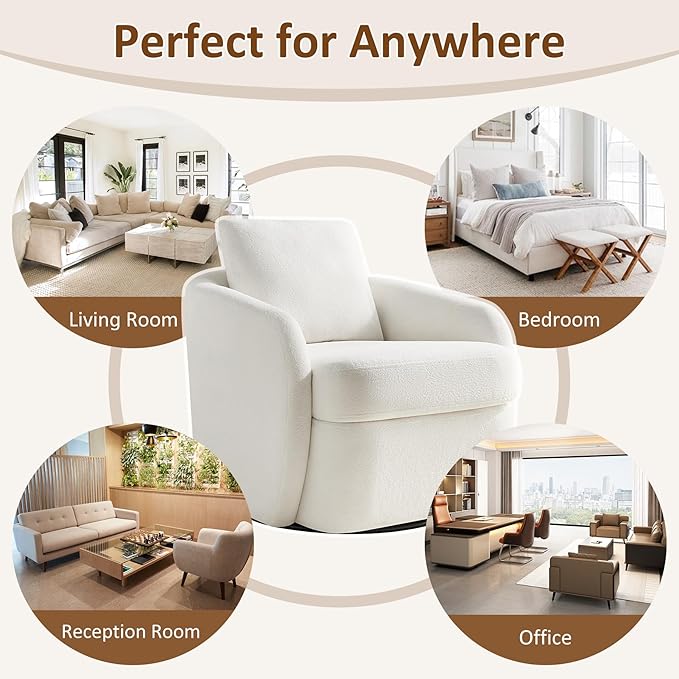 Swivel Barrel Chair Cloud 360° Upholstered Armchair with Removable Throw Pillow for Living Room Bedroom Modern Comfy Single Sofa Chairs Fully Assembled Set of 2 White