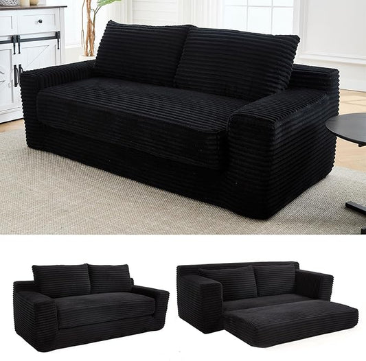 Anwick 2 in 1 Convertible Sleeper Sofa Bed 72 Corduroy Loveseat Sofa w/ 2 Pillows Oversized Chaise Lounge Chair Indoor Pull Out Couch Bed for Small Spaces/Living Room/Bedroom No Assembly (Black)