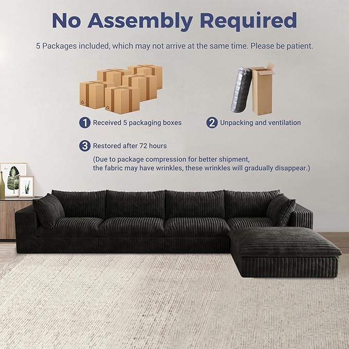 157.6 Oversized L Shaped Modular Boneless Sofa with Ottoman Cloud Sectional Couches for Living Room Deep Seat Corduroy Upholstered Couch Furniture Set No Assembly Required (4 Seater+1 Ottoman)