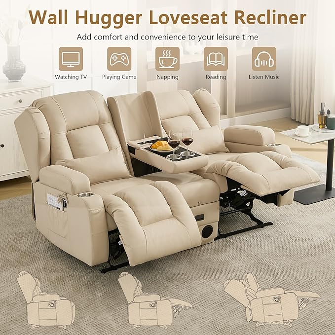 URRED Manual Loveseat Recliner Sofa with Console Rocker Recliner Couch with Bluetooth Speakers USB Ports &amp AC Outlets Cup Holders and Side Pocket for Living Room &amp Home Theater (Leathaire B