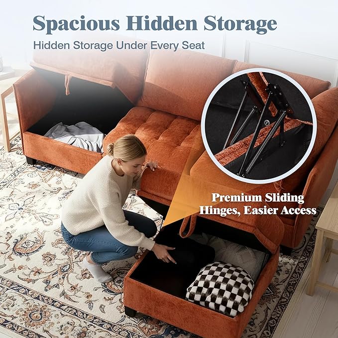 smilesun Oversized Modular Sectional Sofa with Storage Under Each Seat U-Shaped Chenille Sectional with Extra Deep and Wide Seats Convertible Comfy Couch for Living Room（Orange U-Shaped Couch）