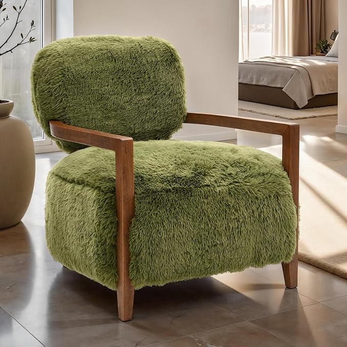 Modern Luxury Reading Chair with Wooden HandrailComfortable Faux Fur Side Chair Accent Chair for ApartmentLiving RoomOfficeStudyGreen.