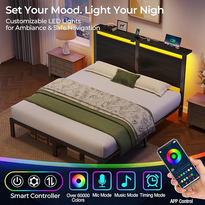 Rolanstar Full Size Bed Frame with Charging Station LED Full Bed Frame with Wood Storage Headboard Platform Bed with Metal Slats &amp Under Bed Storage No Box Spring Needed Noise Free Black Oak
