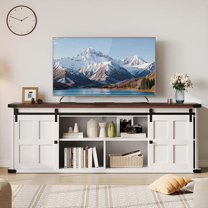 GAOMON 70 Farmhouse TV Stand for 80/75/70 Inch TVsEntertainment Center Storage Cabinets w/Power Outlets and Sliding Barn DoorRustic TV Stands for Living RoomMedia Console Cabinet (White+Wood)