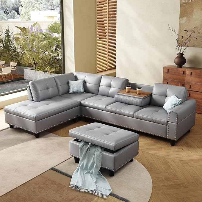 97.5 Oversized Sectional Couch L Shaped Couchwith Storage Ottoman Modern Modular Sofa withDeep Seat Sectional Couches for Living Room andOffice Faux Leather Sofa (Gray 97.5 inch &amp Ottoman)