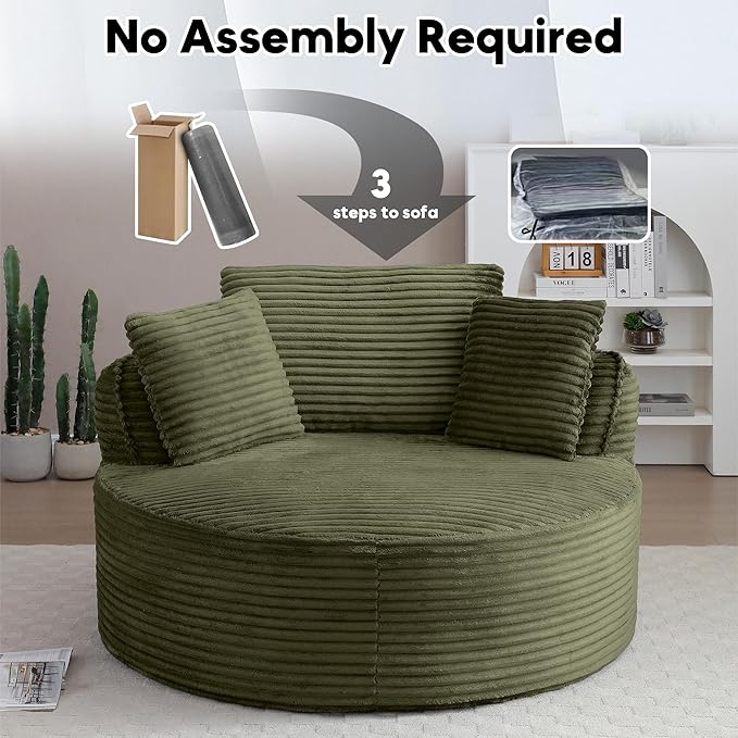 Oversized Round Chair Lounge Chaise Indoor 53.5 Upholstered Corduroy Deep Seat Single Cloud Sofa Chair Fluffy Modern Large Circle Boneless Sleeper Sofa for Living Room Bedroom Green