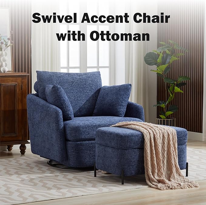Chifee &amp Vingol 40.6 Oversized Swivel Accent Chair with OttomanChenilleNavy