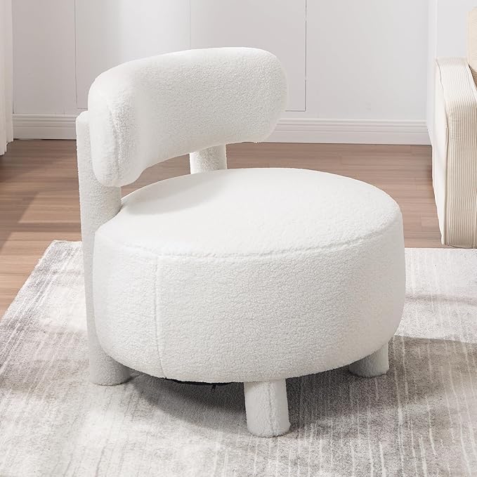 Modern Armless Accent Chair Comfortable Upholstered Living Room Chair with Curved Backrest and Solid Wooden Legs Bedroom Reading Chair Entrance Dressing Table Apartmen (White + Teddy)