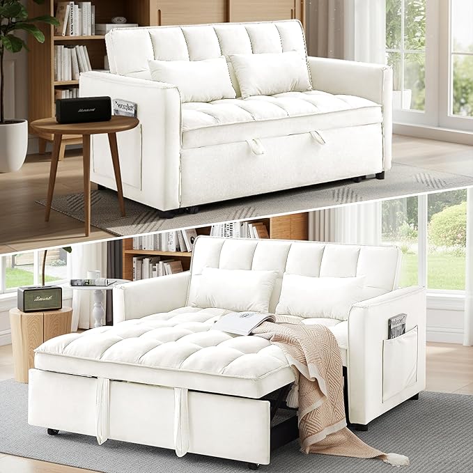 Dreamzie 3 in 1 Convertible Sleeper Sofa Bed Pull Out Couch with Side Pocket Loveseat Sleeper for Living Room with Adjustable Backrest (Beige)