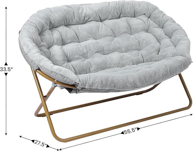 Flash Furniture Eleanor Portable Double Saucer Chair with 2 Ottomans Folding Steel Frames for Dorm or Bedroom 56 Gray Faux Fur/Soft Gold Frame